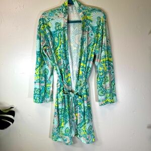 BEDHEAD cotton robe sash belt retro flower print mint green yellow pink S/M